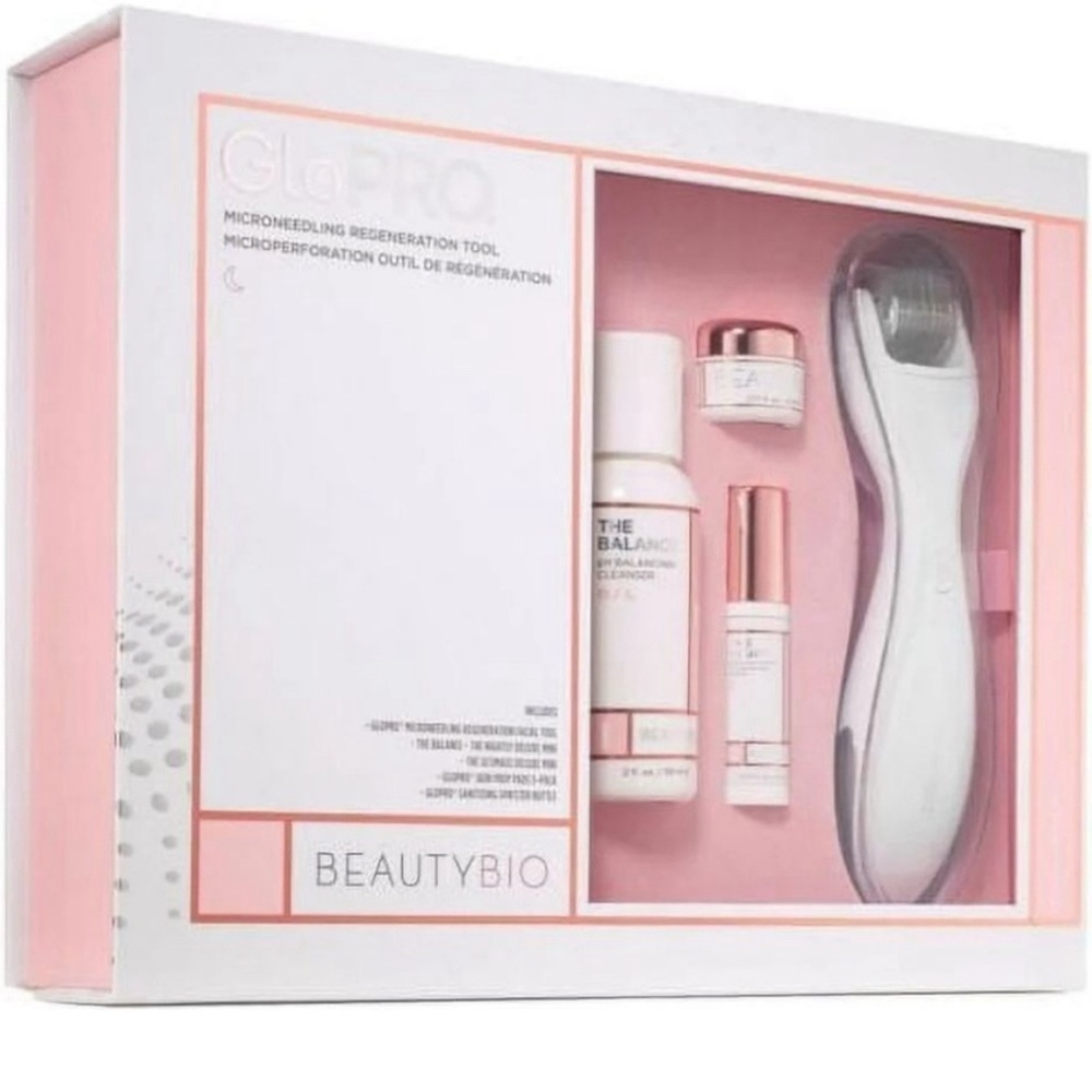 GloPRO Microneedling Regeneration Facial Tool Set - White & Pink NIB BeautyBio